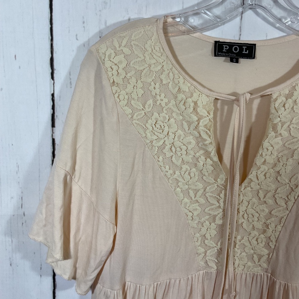 POL Cream Lace Neck Tie Babydoll Tunic Top Women S Boho Romantic Neutral Cottage - Picture 2 of 11